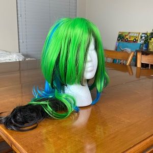 Long wavy curly multi color wig blue green black Cosplay dancer costume